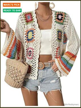 Trendy Floral Crochet Cardigan Open Front V-Neck Long Sleeve Lightweight Boho